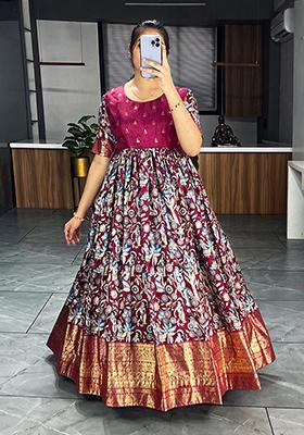 Wine Printed Silk Gown