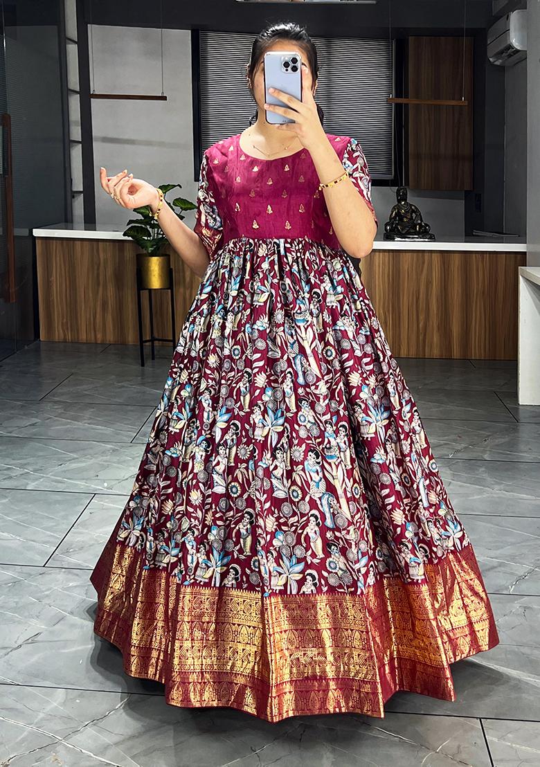 Wine Printed Silk Gown