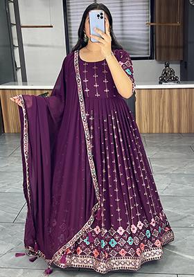 Wine Embroidered Georgette Anarkali Set With Dupatta