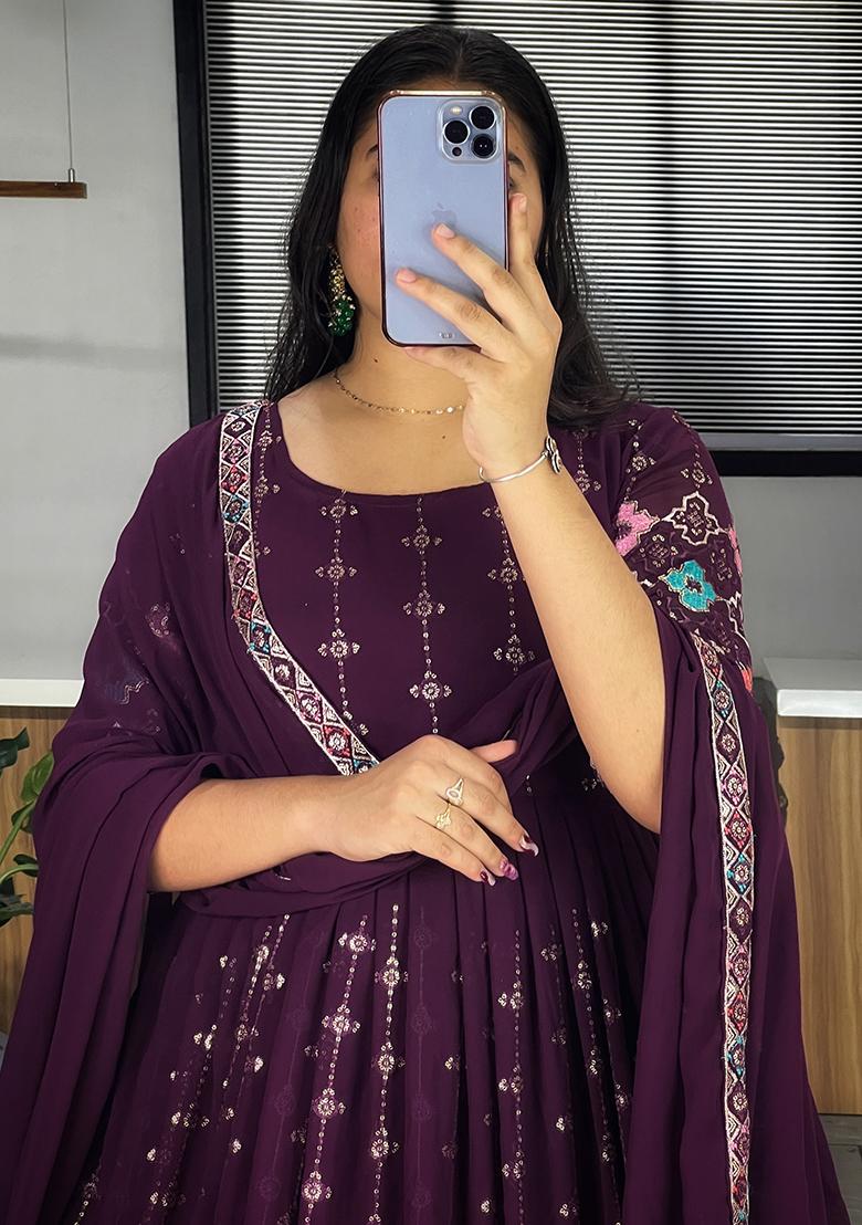 Wine Embroidered Georgette Anarkali Set With Dupatta