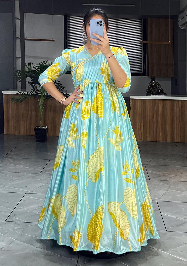 Sky Blue Printed Heavy Chinon Gown