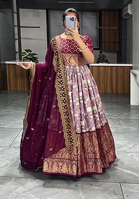 Wine Printed Silk Anarkali Set With Dupatta