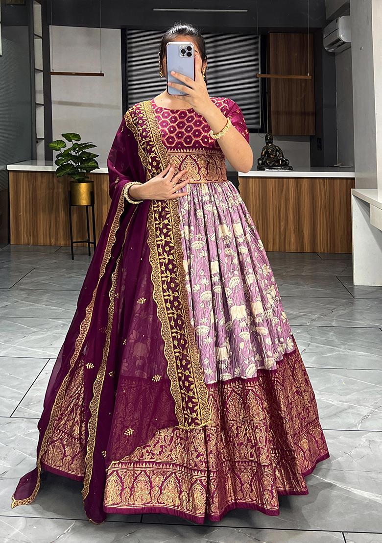 Wine Printed Silk Anarkali Set With Dupatta