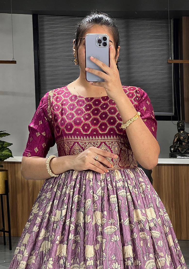 Wine Printed Silk Anarkali Set With Dupatta