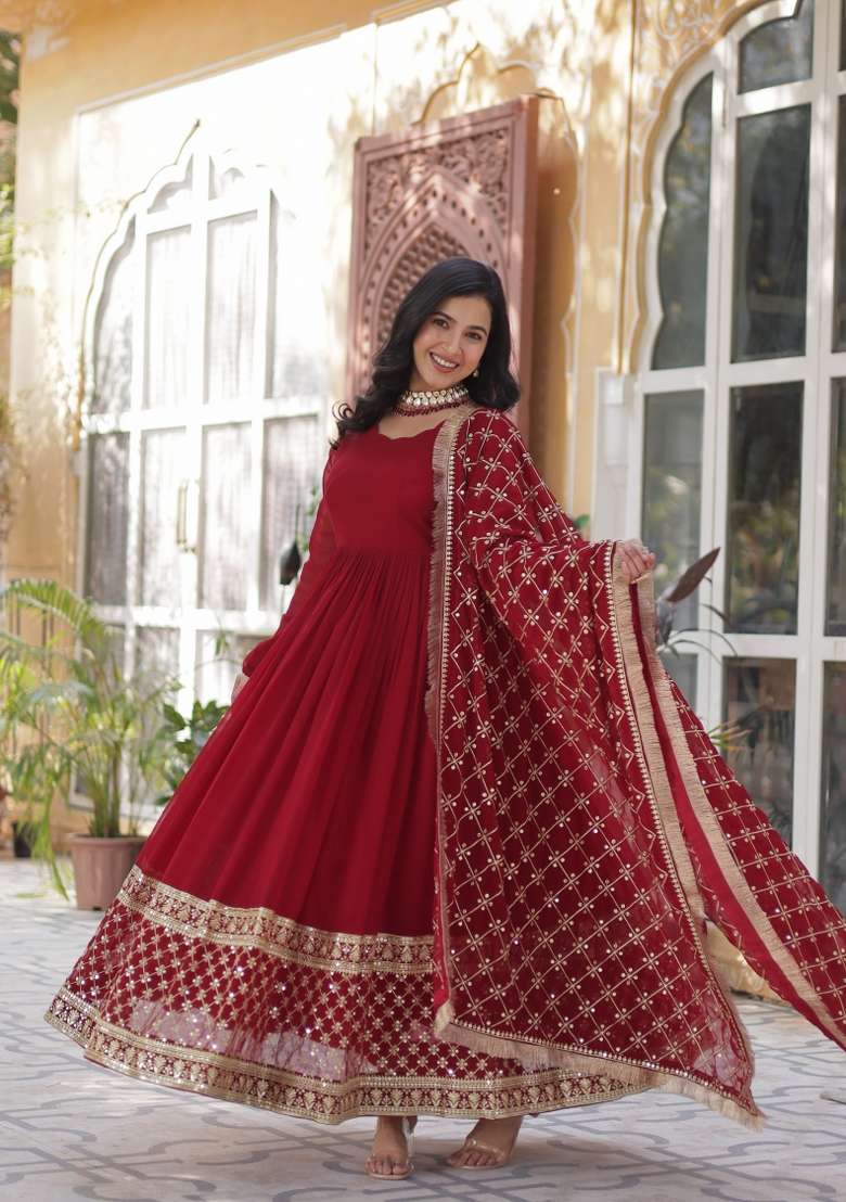 Maroon Sequin Embroidered Georgette Anarkali With Dupatta With Dupatta - Indya