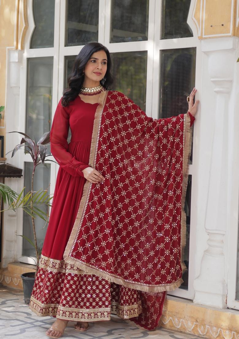 Maroon Sequin Embroidered Georgette Anarkali Set With Dupatta