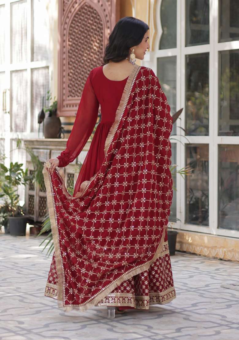 Maroon Sequin Embroidered Georgette Anarkali With Dupatta With Dupatta - Indya