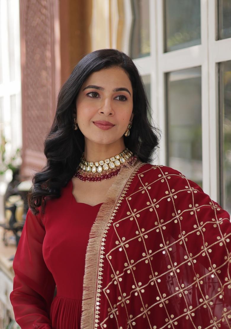 Maroon Sequin Embroidered Georgette Anarkali Set With Dupatta