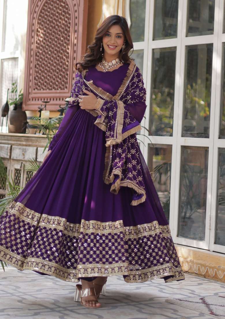 Purple Sequin Embroidered Georgette Anarkali With Dupatta With Dupatta - Indya