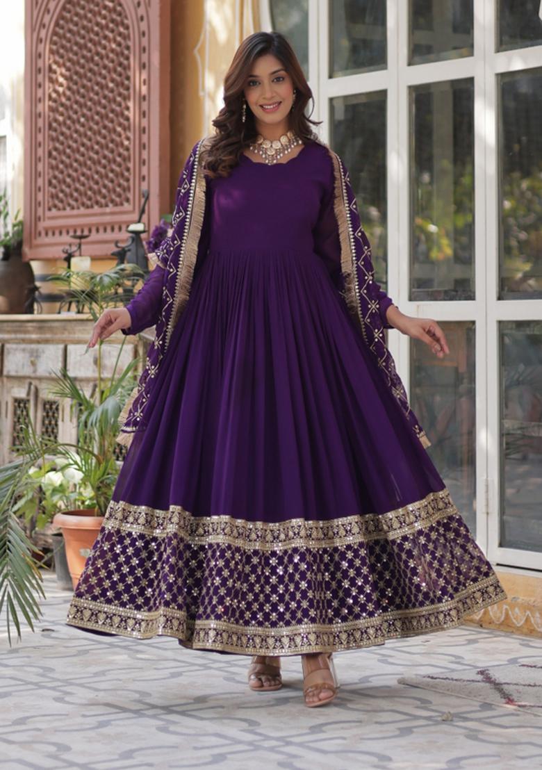 Purple Sequin Embroidered Georgette Anarkali Set With Dupatta