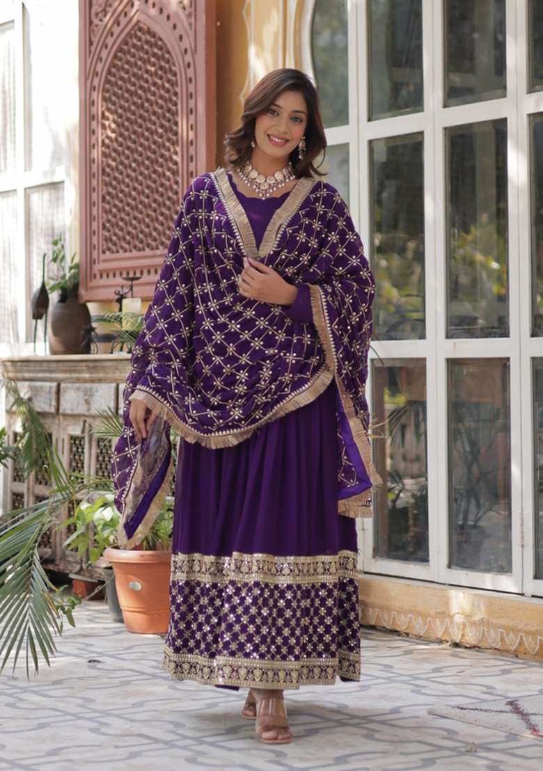 Purple Sequin Embroidered Georgette Anarkali With Dupatta With Dupatta - Indya
