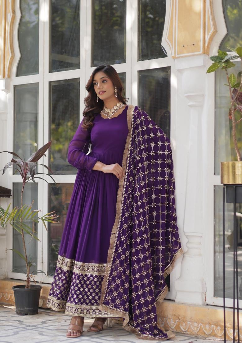 Purple Sequin Embroidered Georgette Anarkali Set With Dupatta