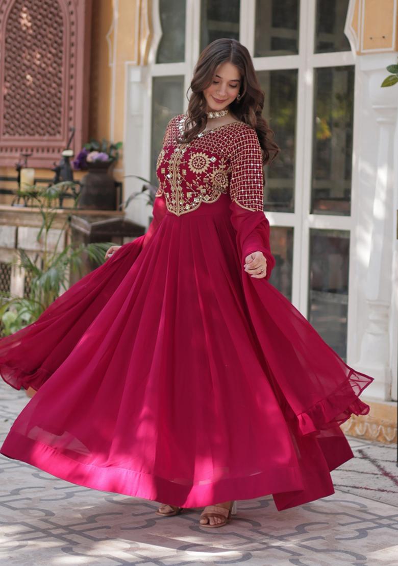 Pink Sequin Embroidered Georgette Anarkali Set With Dupatta