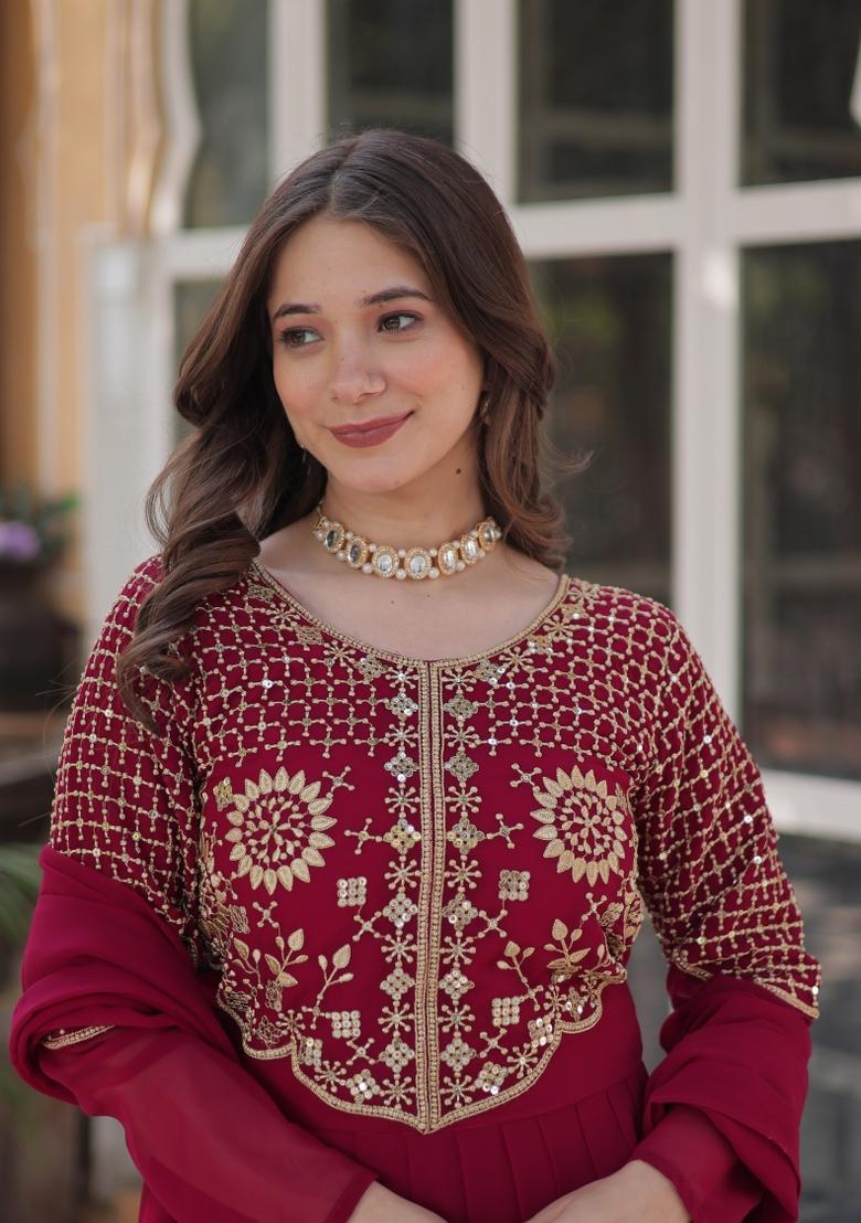 Pink Sequin Embroidered Georgette Anarkali Set With Dupatta