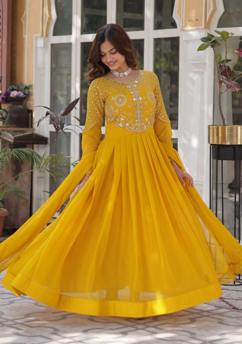 Yellow Sequin Embroidered Georgette Anarkali With Dupatta With Dupatta - Indya