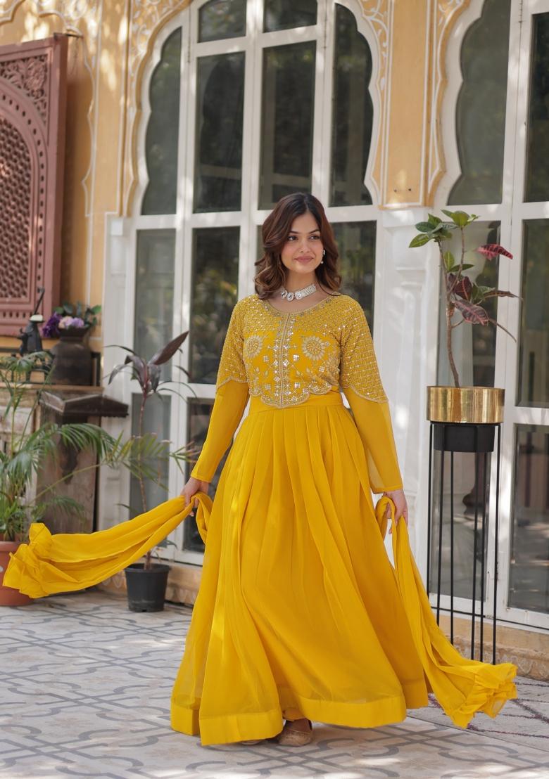 Yellow Sequin Embroidered Georgette Anarkali Set With Dupatta