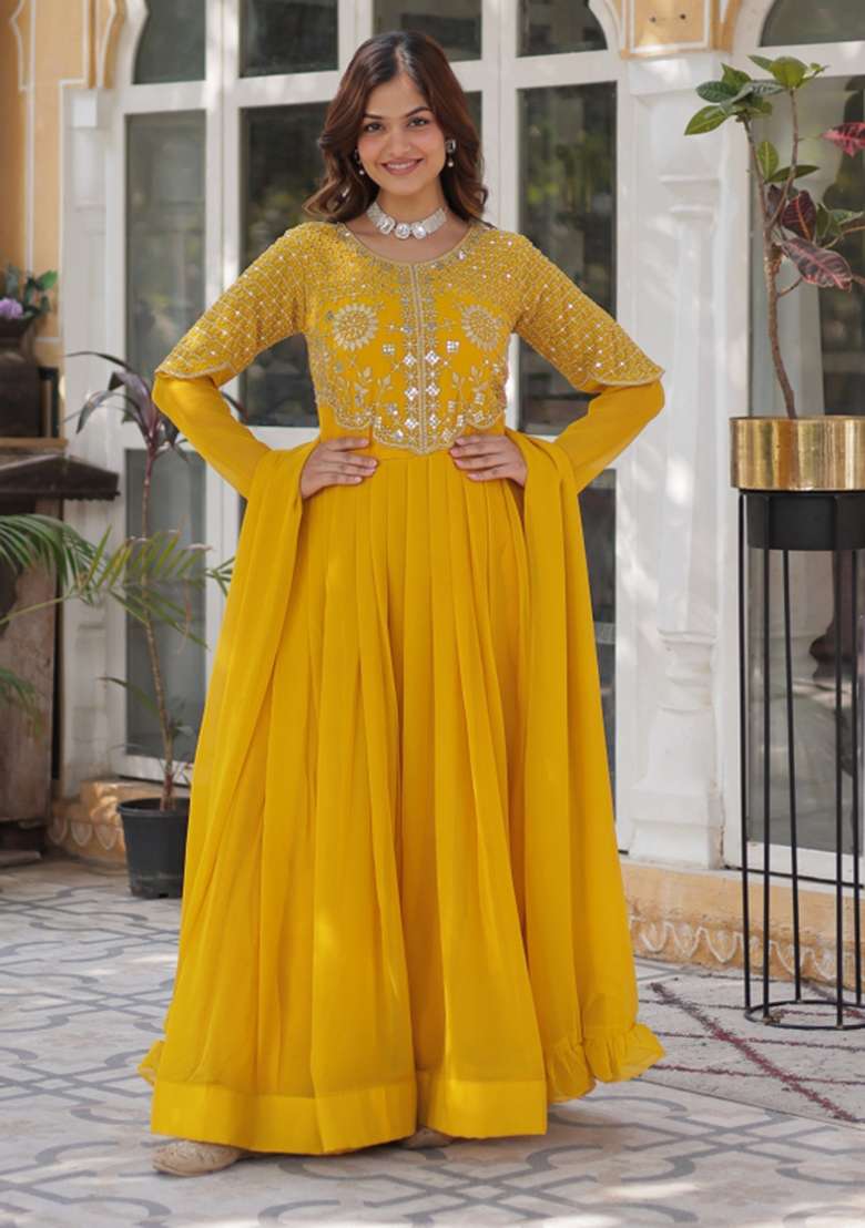 Yellow Sequin Embroidered Georgette Anarkali With Dupatta With Dupatta - Indya