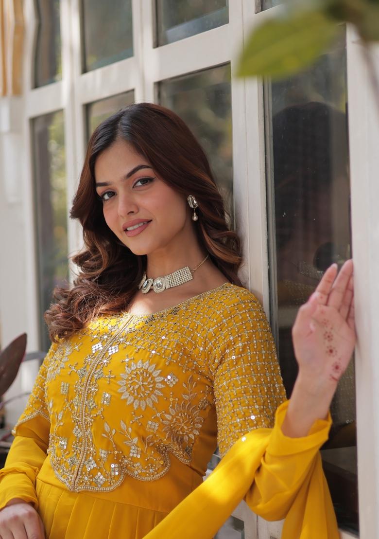 Yellow Sequin Embroidered Georgette Anarkali Set With Dupatta