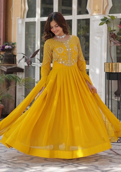 Yellow Sequin Embroidered Georgette Anarkali Set With Dupatta