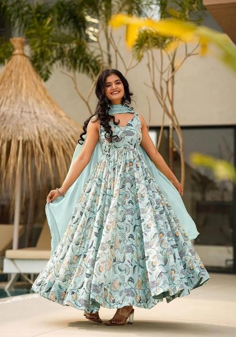 Sea Green Abstract Print Rayon Anarkali Set With Dupatta