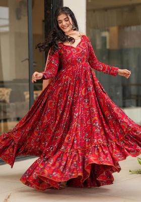 Maroon Abstract Print Rayon Anarkali Set With Dupatta