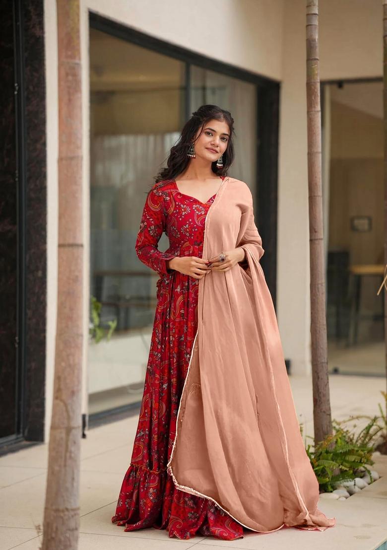 Maroon Abstract Print Rayon Anarkali Set With Dupatta