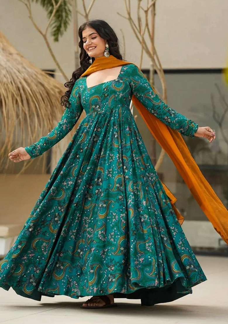 Green Printed Rayon Anarkali Set - Indya