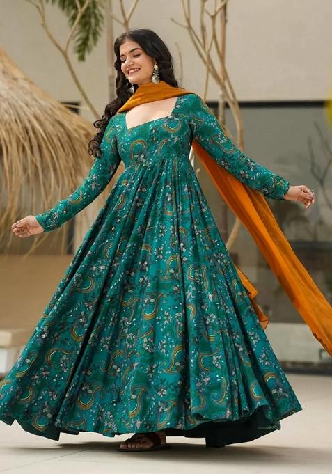 Green Abstract Print Rayon Anarkali Set With Dupatta