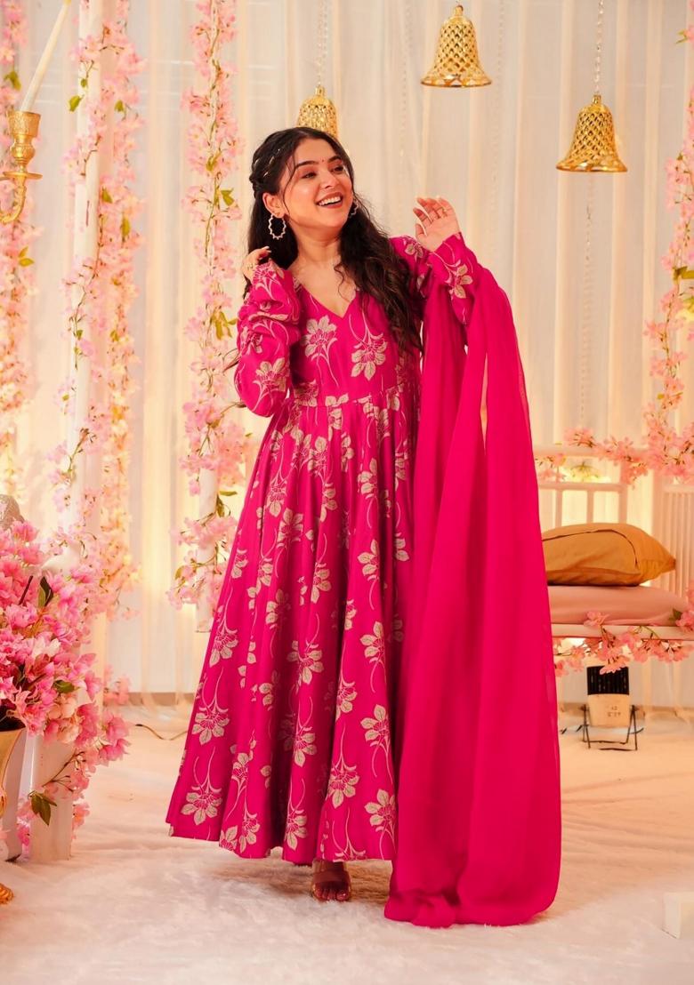 Pink Abstract Print Rayon Anarkali Set With Dupatta