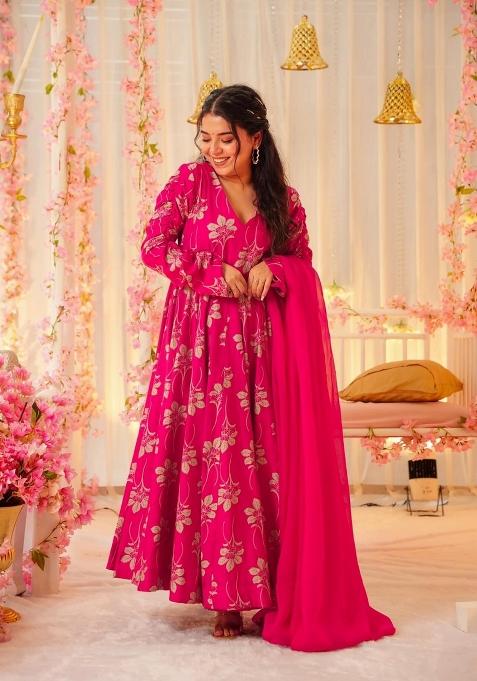 Pink Abstract Print Rayon Anarkali Set With Dupatta