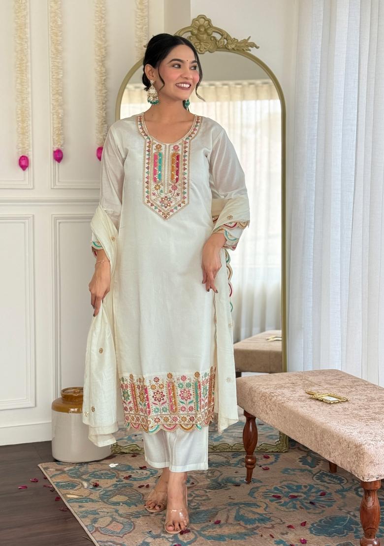 White Resham Embroidery Chenderi Salwar Kameez With Dupatta