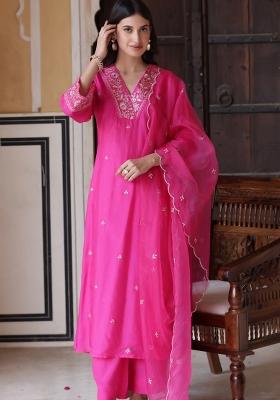 Pink Resham Embroidery Chenderi Salwar Kameez With Dupatta