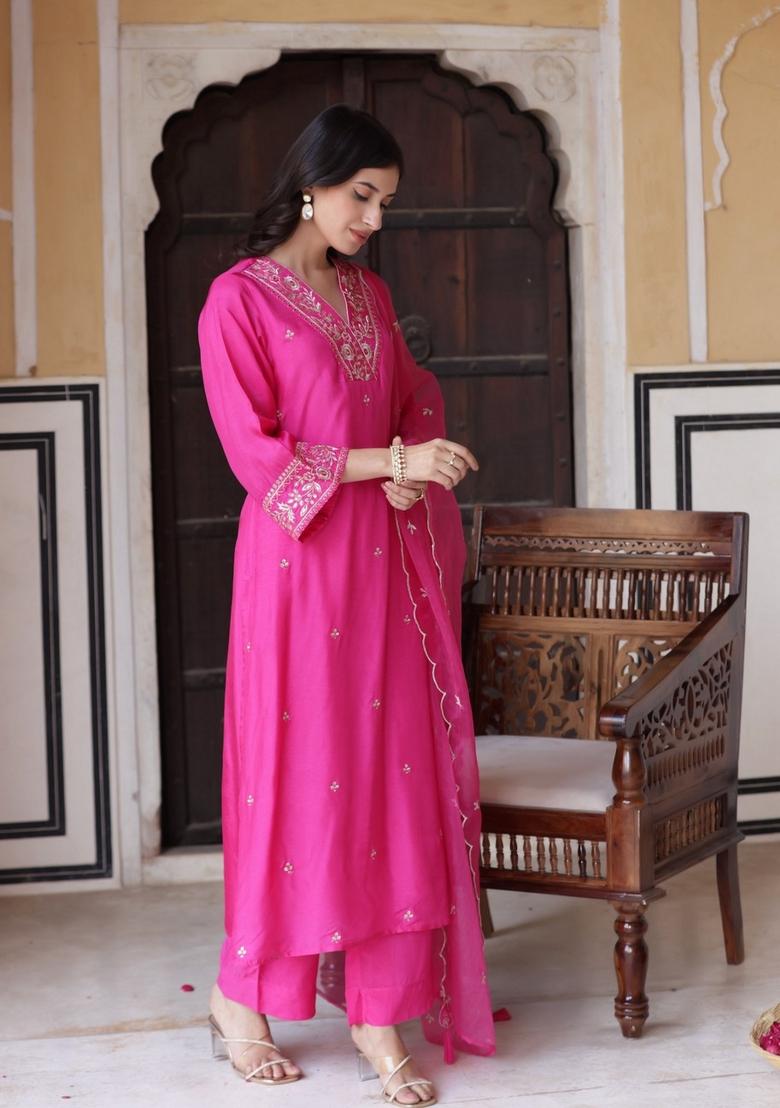 Pink Resham Embroidery Chenderi Salwar Kameez With Dupatta