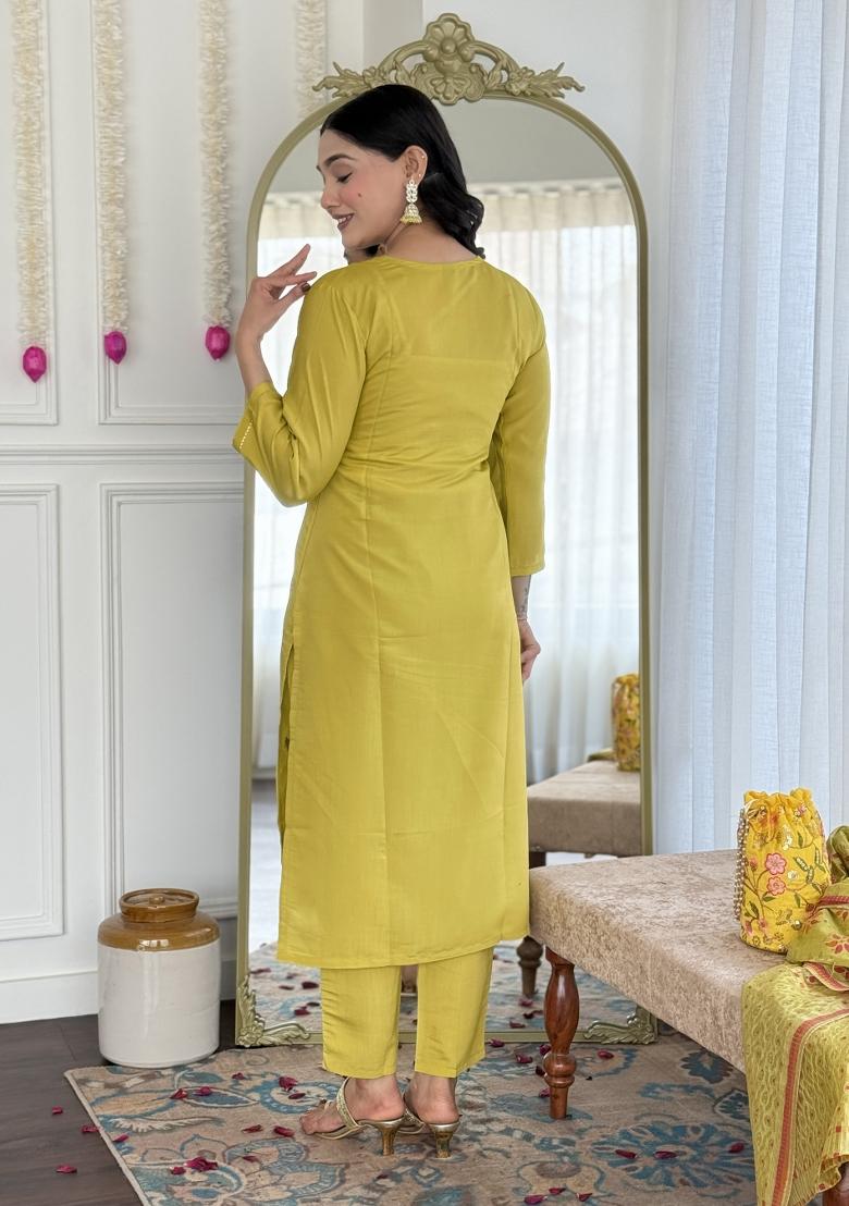 Green Abstract Print Chenderi Salwar Kameez With Dupatta