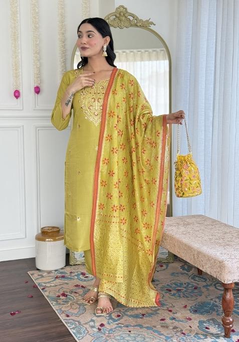Green Abstract Print Chenderi Salwar Kameez With Dupatta