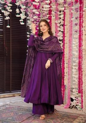 Maroon Abstract Print Chenderi Salwar Kameez With Dupatta