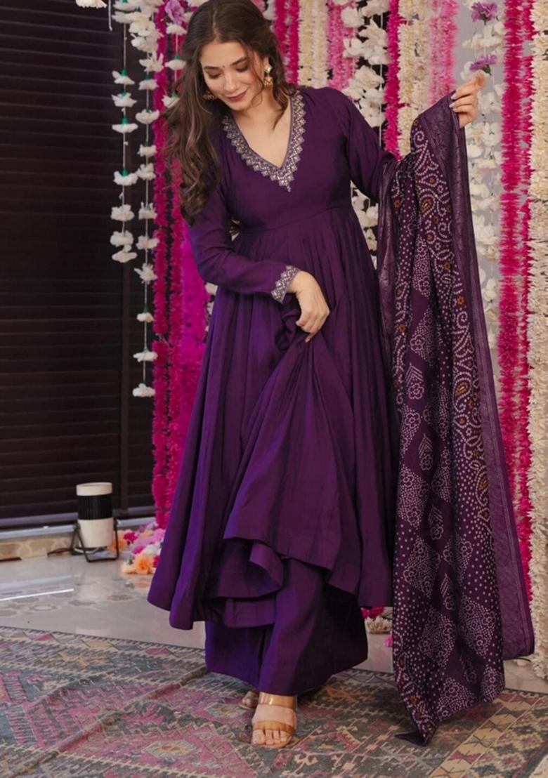 Maroon Abstract Print Chenderi Salwar Kameez With Dupatta