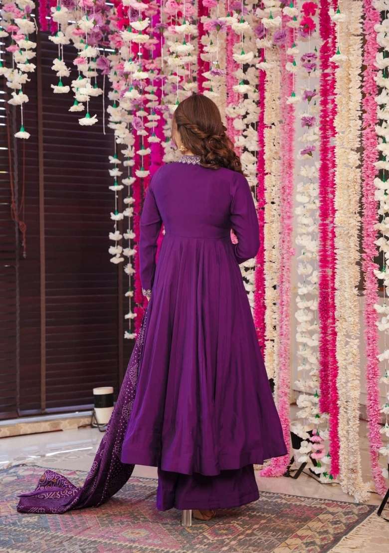 Maroon Sequin Work Chanderi Anarkali Set - Indya