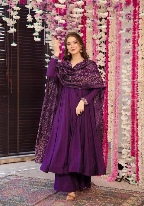 Maroon Abstract Print Chenderi Salwar Kameez With Dupatta