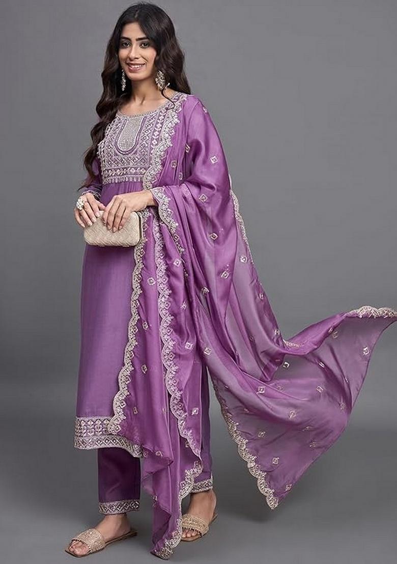 Purple Resham Embroidery Viscose Salwar Kameez With Dupatta
