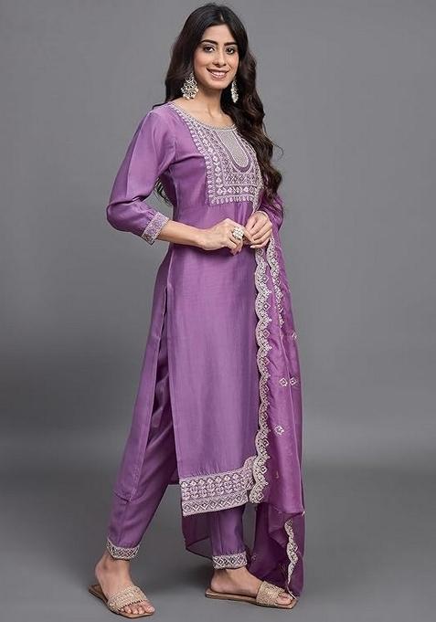 Purple Resham Embroidery Viscose Salwar Kameez With Dupatta