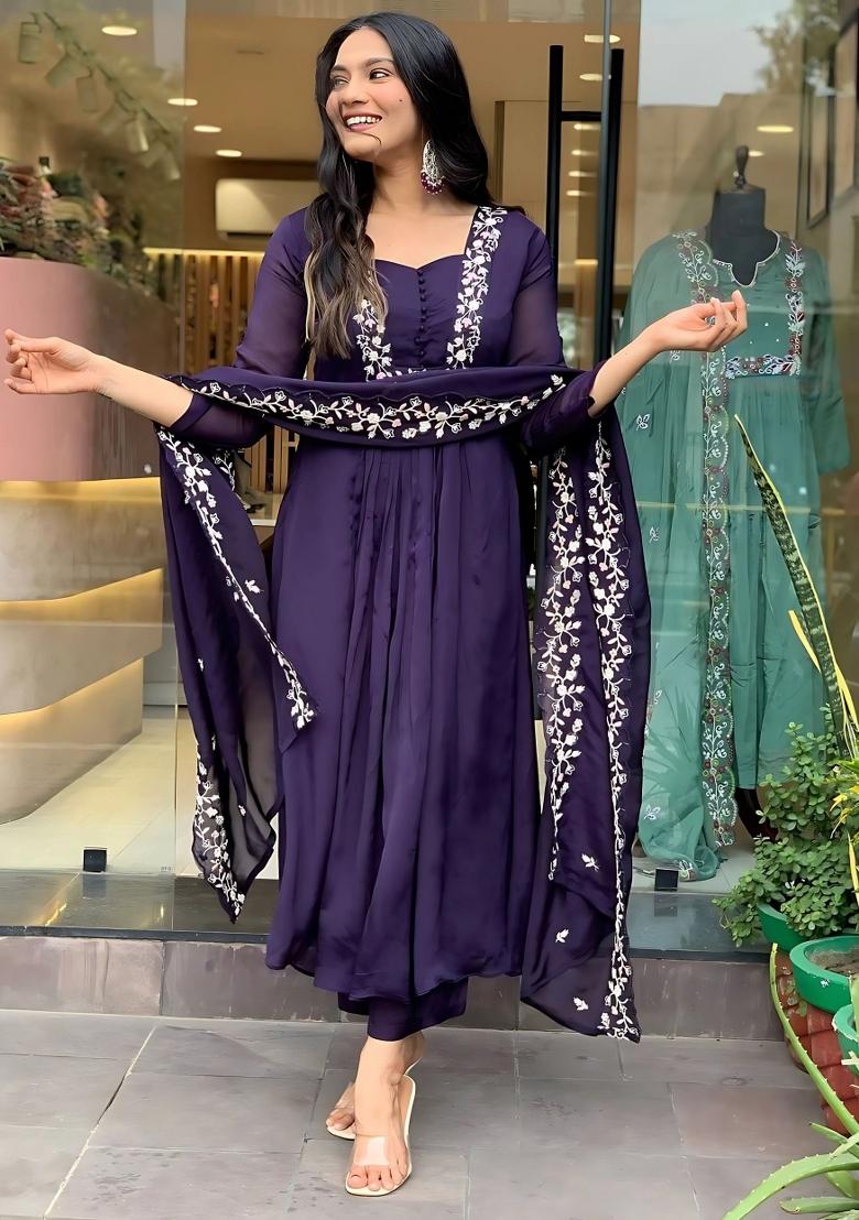Violet Resham Embroidery Silk Salwar Kameez With Dupatta