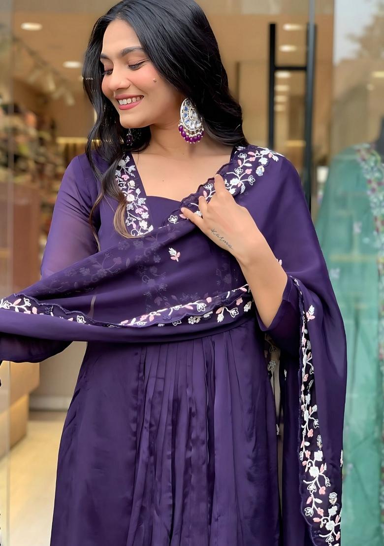 Violet Resham Embroidery Silk Salwar Kameez With Dupatta