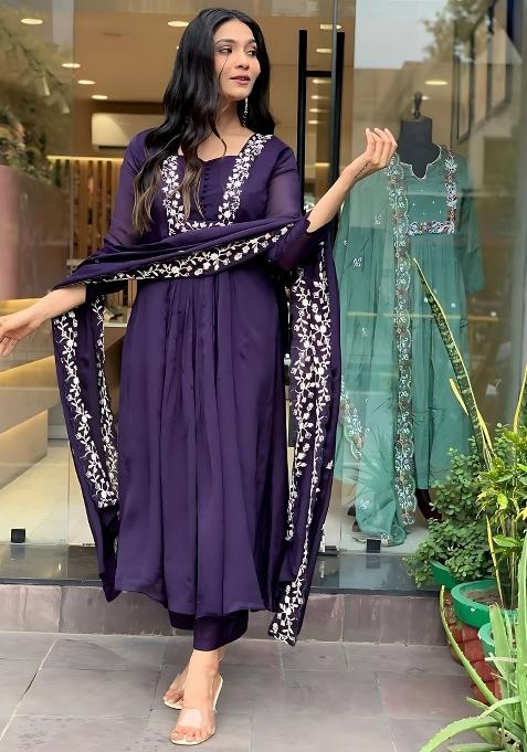 Violet Resham Embroidery Silk Salwar Kameez With Dupatta