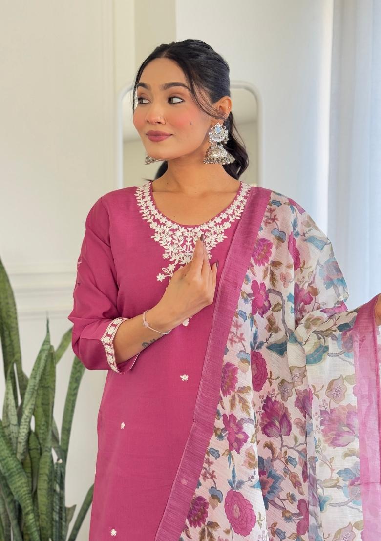 Pink Abstract Print Chenderi Salwar Kameez With Dupatta