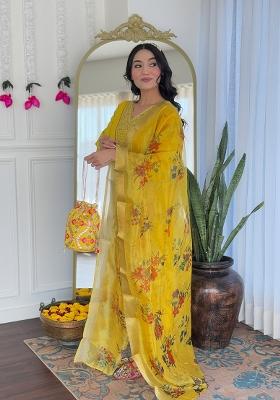 Mustard Yellow Abstract Print Rayon Salwar Kameez With Dupatta