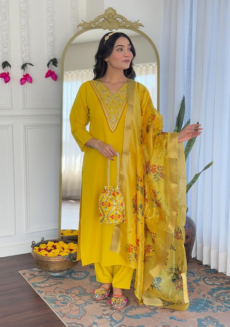 Mustard Yellow Abstract Print Rayon Salwar Kameez With Dupatta