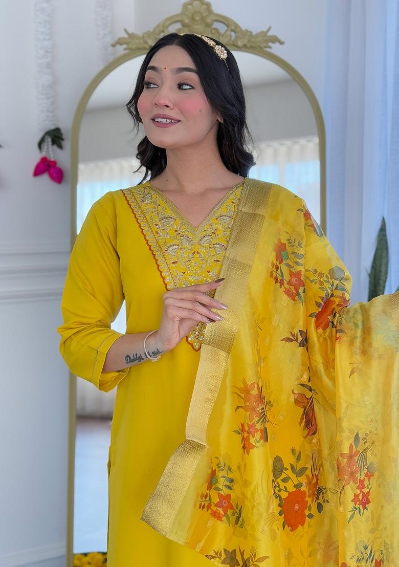 Mustard Yellow Abstract Print Rayon Salwar Kameez With Dupatta