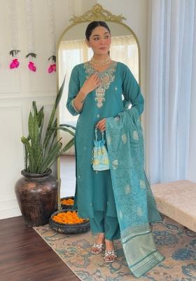 Sea Green Abstract Print Chenderi Salwar Kameez With Dupatta