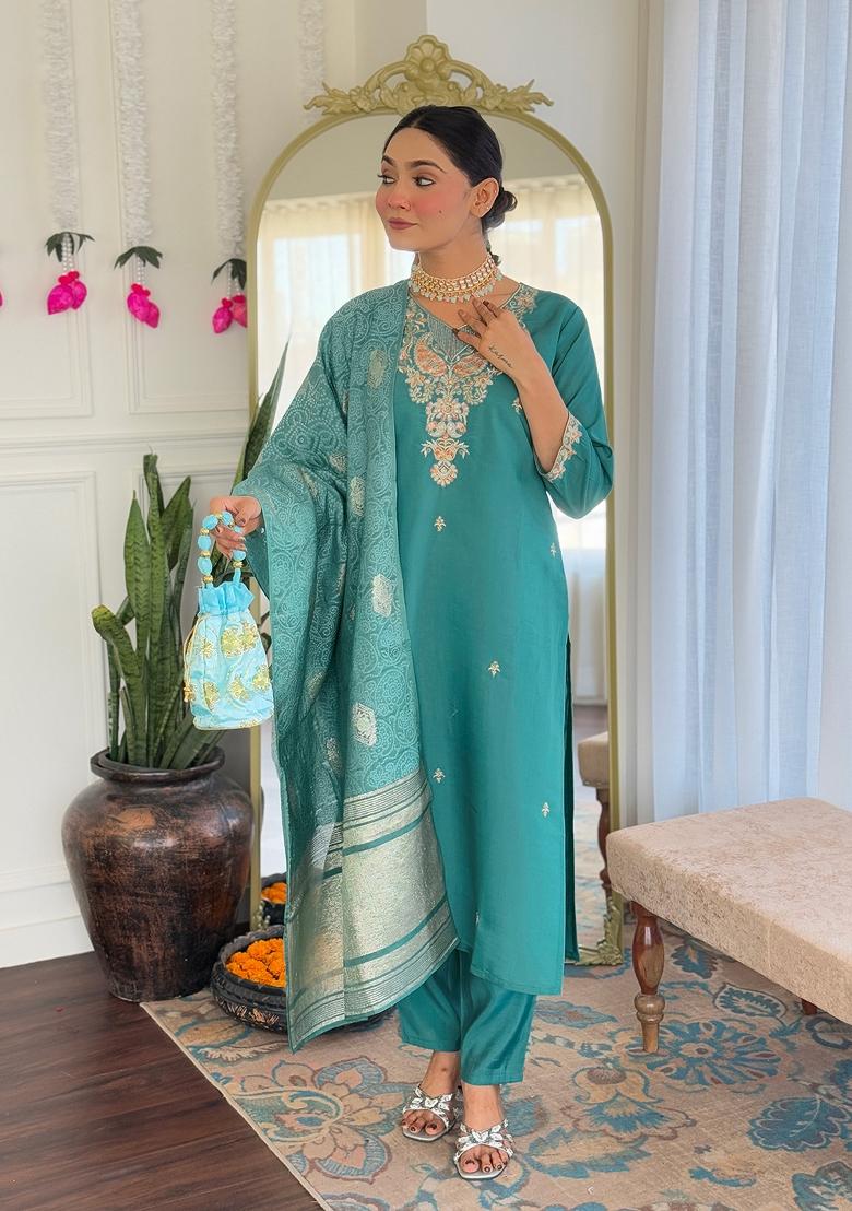 Sea Green Abstract Print Chenderi Salwar Kameez With Dupatta